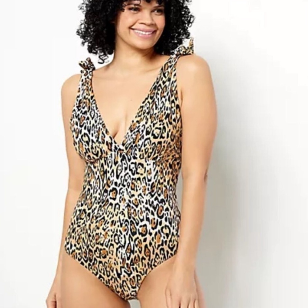 Kim Gravel Swimsuits for All Leopard Print One Piece Tie Shoulder Swimsuit Sz 14